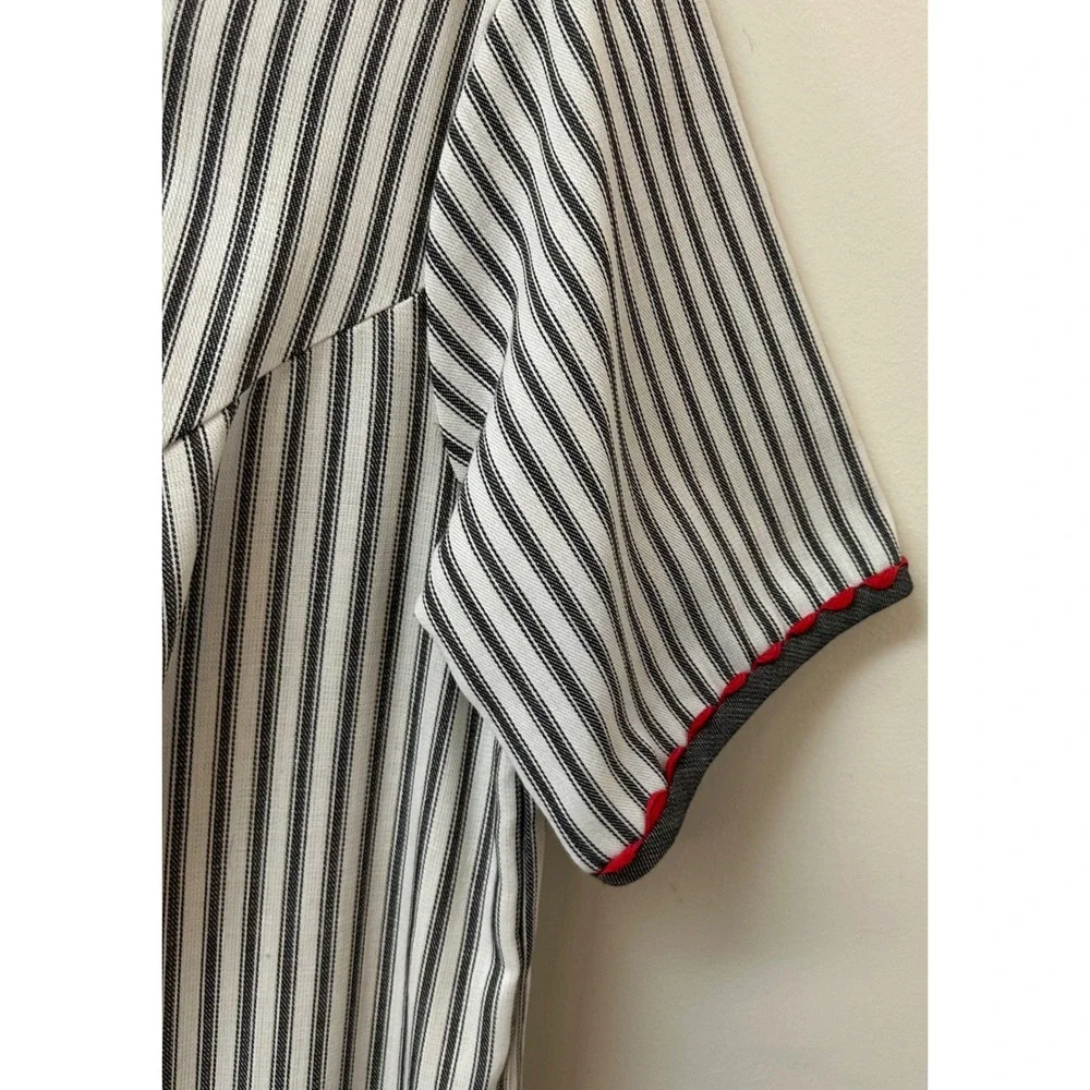 Vintage Gilead Striped Duster Robe Grey Red Ric Rac Floral Embroidery Large USA